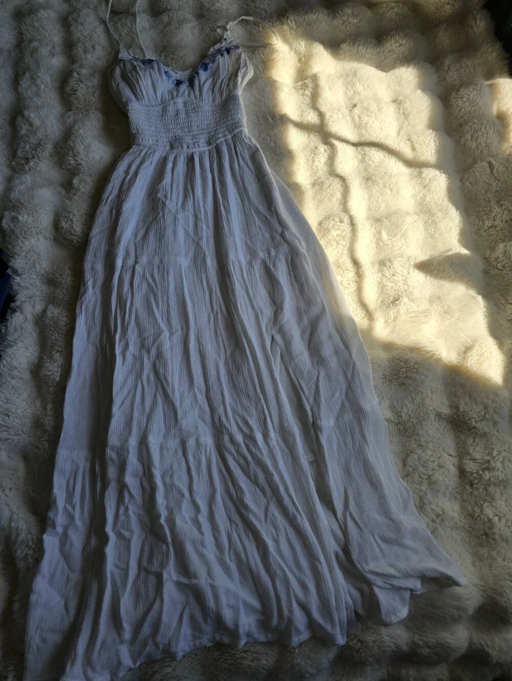 Hollister Flocked White Sundress with Blue Floral Embroidery And Pockets - Picture 2 of 5